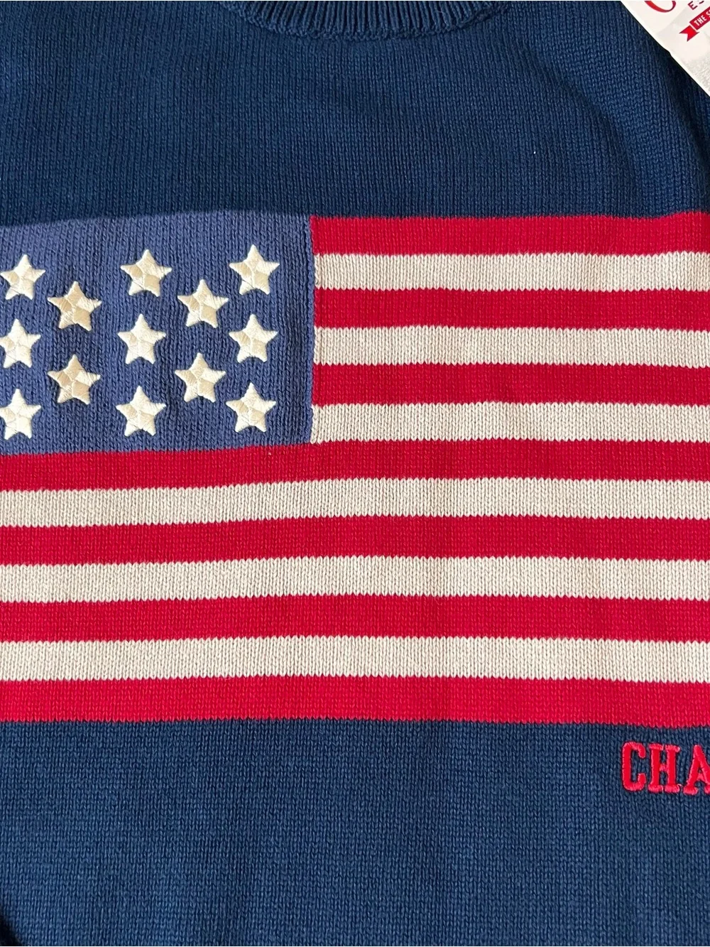 Chaps Navy Crewneck Sweater American Flag Large 100% Cotton NWT